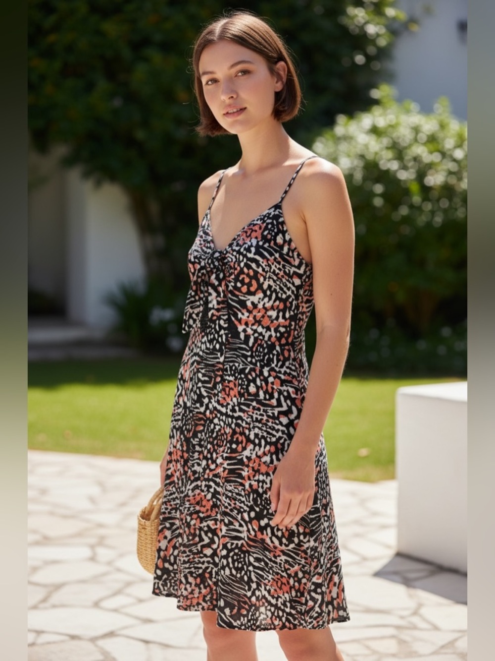 Aritzia Black Orange Abstract Print Smocked Mini Dress XS/S